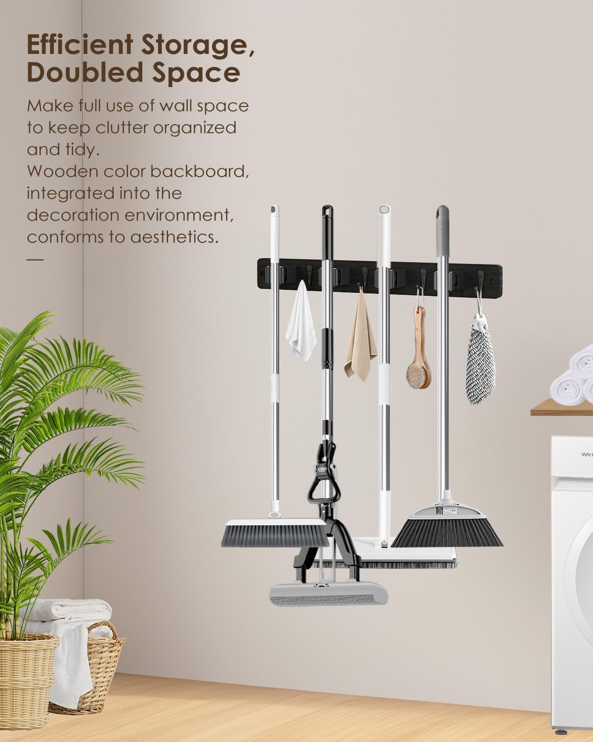 AceMining Broom Holder Wall Mounted, Black 4 Holders and 4 Hooks Mop Holder, Wooden Mop and Broom Holder with Anti slip rubber, Natural pine wood Brush Holder, Mop Wall Holde with Nail installation