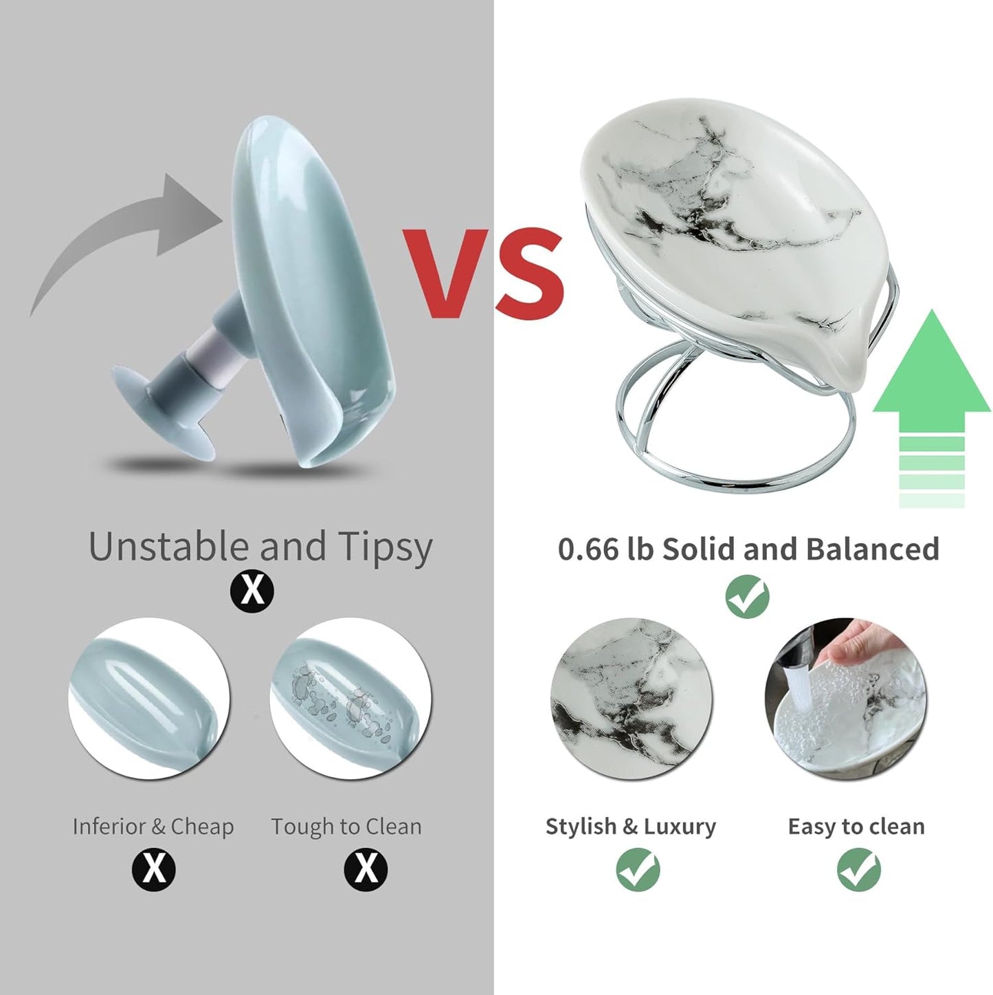 Leaf-Shaped Soap Dish – Ceramic Soap Bar Holder with Self-Drainage System – Bar Soap Holder for Shower, Bathroom Sink, Kitchen – Soap Dish with Stainless Steel Stand (White-Sliver-2 Pack)