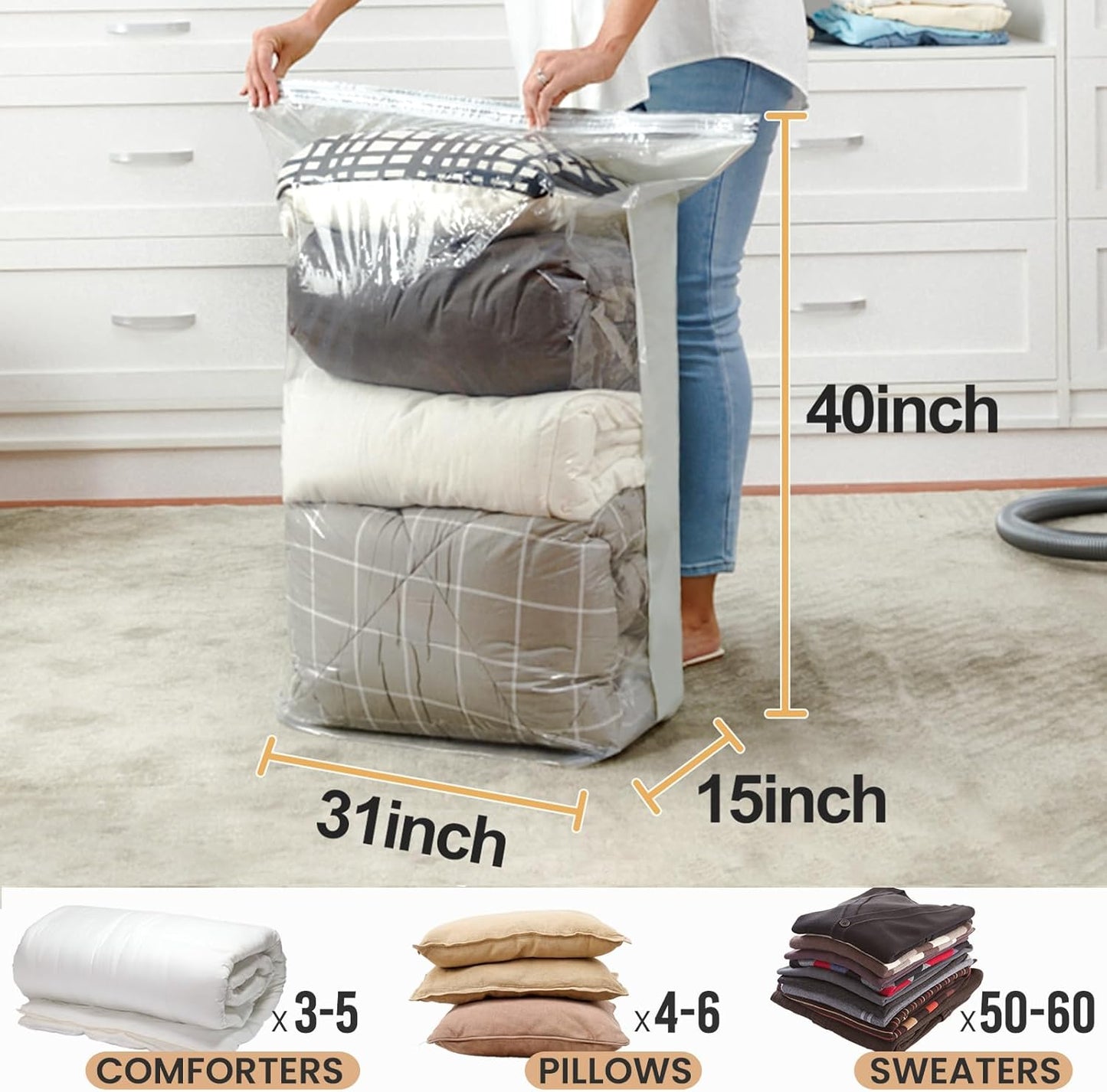 TAILI 8 Pack Vacuum Storage Bags Space Saver, Jumbo Cube 31x40x15 Inch, Extra Large Vacuum Sealed Bags for Comforters Blankets, Bedding, Clothes, Duvets, Closet Organization