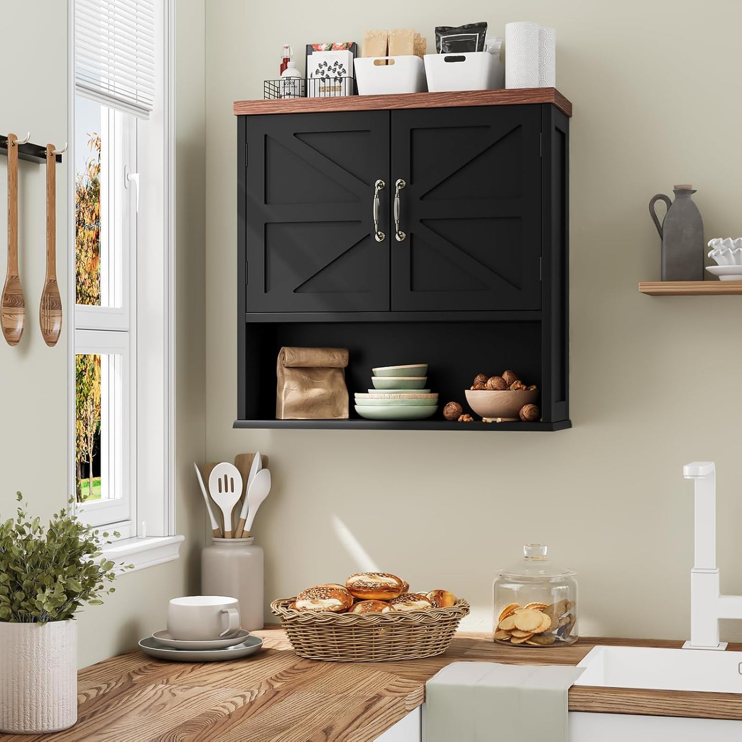 Smuxee Farmhouse Wall Mounted Cabinet, Black Medicine Cabinet with Adjustable Shelf, for Bathroom, Living Room, Laundry Room