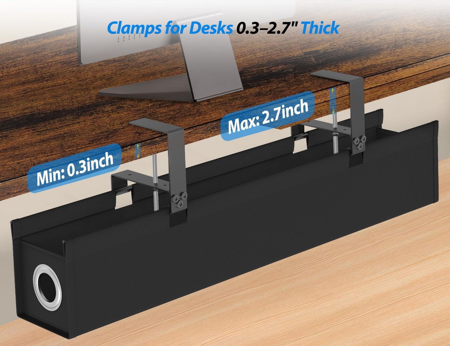 Under Desk Cable Management Tray No Drill, 30 Inch Cord Organizer with Oxford Fabric, Clamp Mount, Holds 30 lbs, Large Cable Rack for Gaming & Home Office Standing Desk