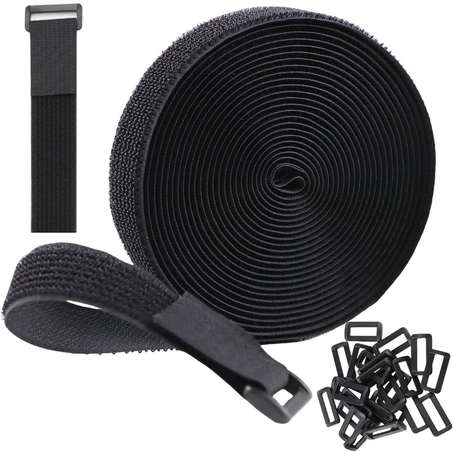 Hook and Loop Cable Straps 1" x 16.5 Ft with 24 Buckles Adjustable Fastening Reusable Nylon Securing Cord Cinch Strap Ties Free Cut for Cable Management RV Workshop DIY (Black)