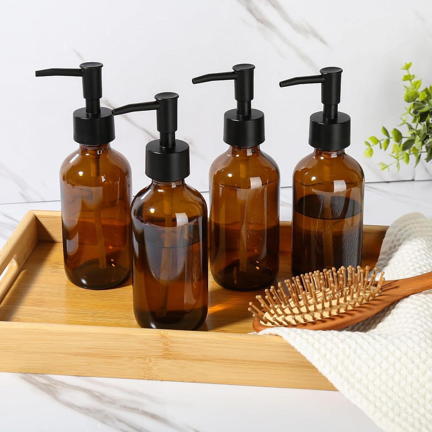 8 fl oz Amber Glass Soap Dispenser 4 Pack, Brown Glass Bottle with Pump, Refillable Round Hand Soap Dispensers Bathroom for Soap, Lotion, Oil, Shampoo