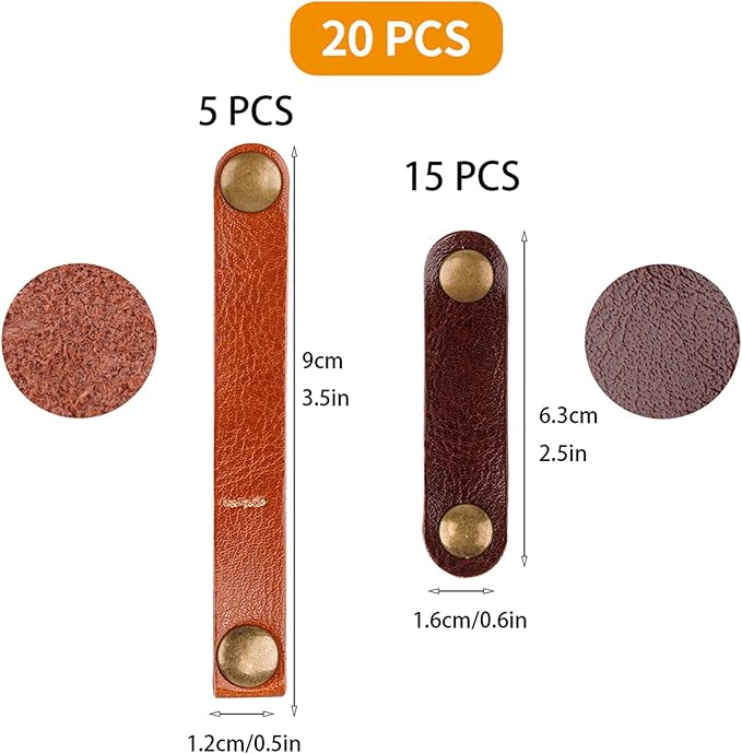 20 Pack Leather Cable Straps Cord Organizers Leather Cable Ties Cord Snap On Cable Holders Keepers For Travel, USB Charging Cable Management Winder Earphone Wrap, Gifts for Women Men