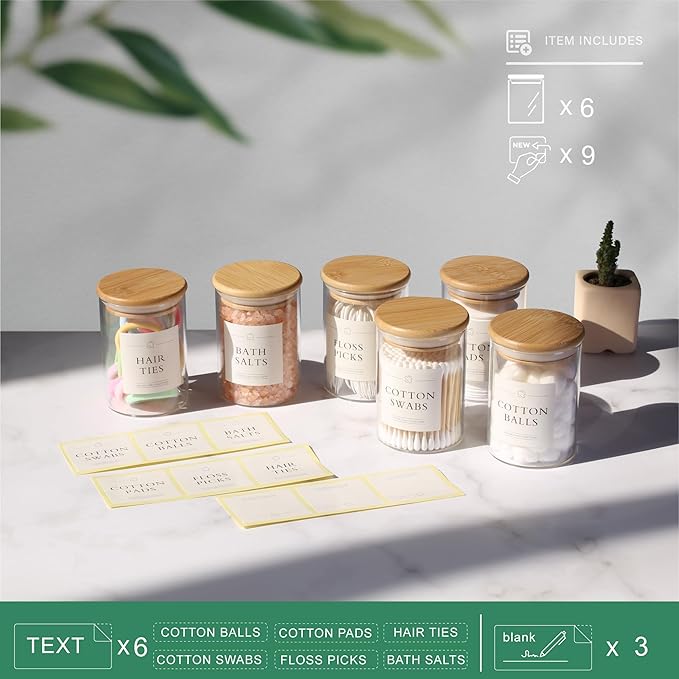 6 Pack Qtip Holder Dispenser - Glass Apothecary Jars with Lids, Cotton Ball Pad Swab Round Holder, Bamboo Bathroom Accessories, Bathroom Organizers Containers Jars Canisters with Lids