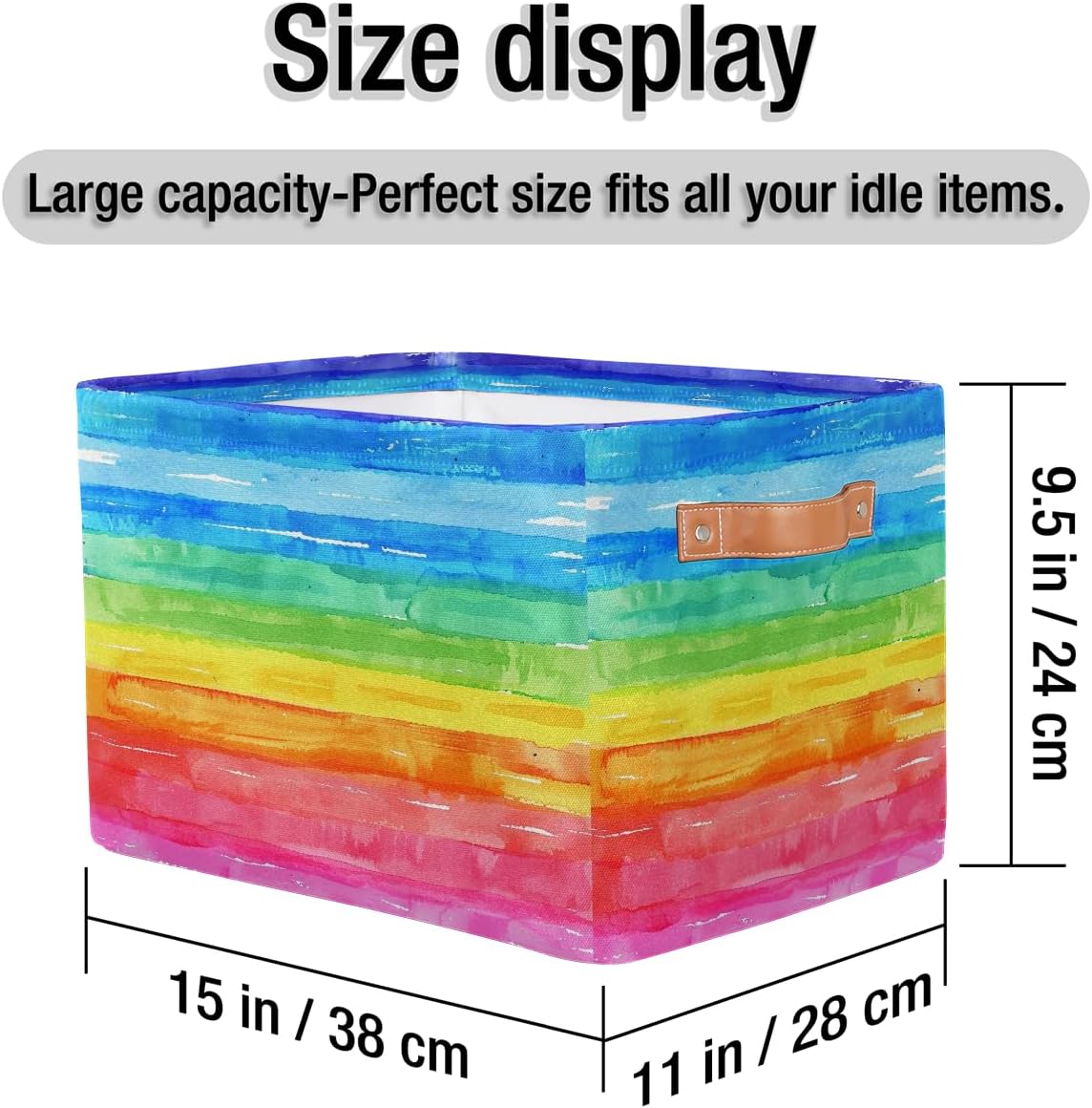 Watercolor Rainbow Storage Basket for Shelves, Storage Bins with Handles, Collapsible Basket for Organizing, Closet Toy Baskets for Nursery Room, 15x11x9.5 in, Canvas, Rainbow Colored