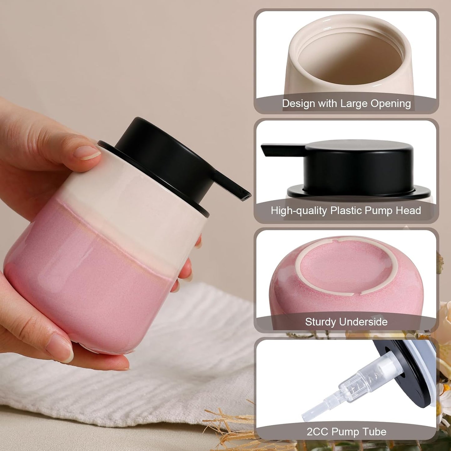 INGOFIN Ceramic Hand Soap Dispenser - 12 oz Liquid Lotion Dispenser Bathroom, Refillable Modern Dish Soap Dispenser with Pump for Kitchen, Beige and Pink