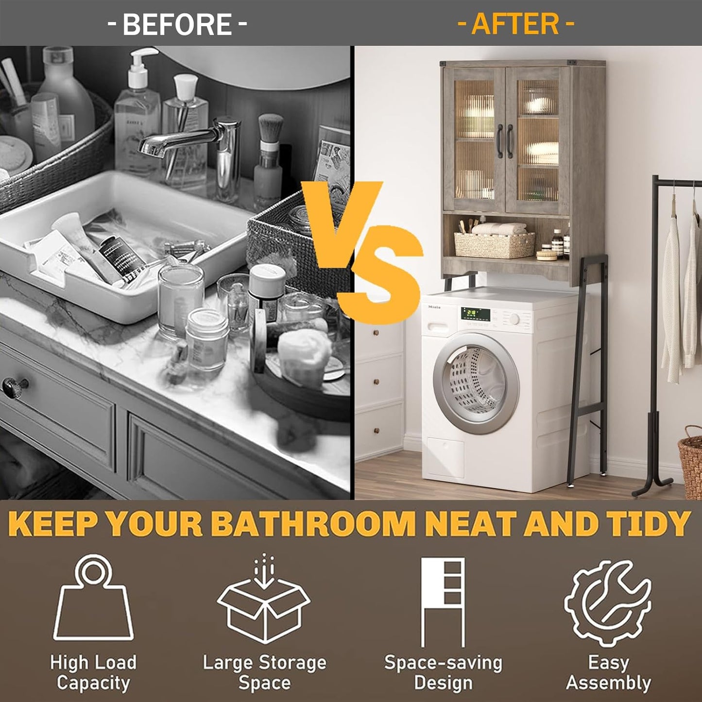 Over The Toilet Storage Cabinet with Tempered Glass Doors and Adjustable Shelf, Bathroom Organizer with Metal Stand Space Saver Over Toilet , Modern Toilet Rack for Bathroom, Restroom, Laundry, Grey