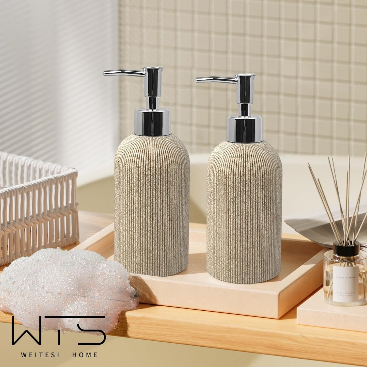 Hand Soap Dispenser for Bathroom and Kitchen Countertop, 10 oz Resin Soap and Lotion Dispensers Set with Plastic Rust Proof Pump, Boho Refillable Liquid Dish Soap Dispensers Bottle,Beige