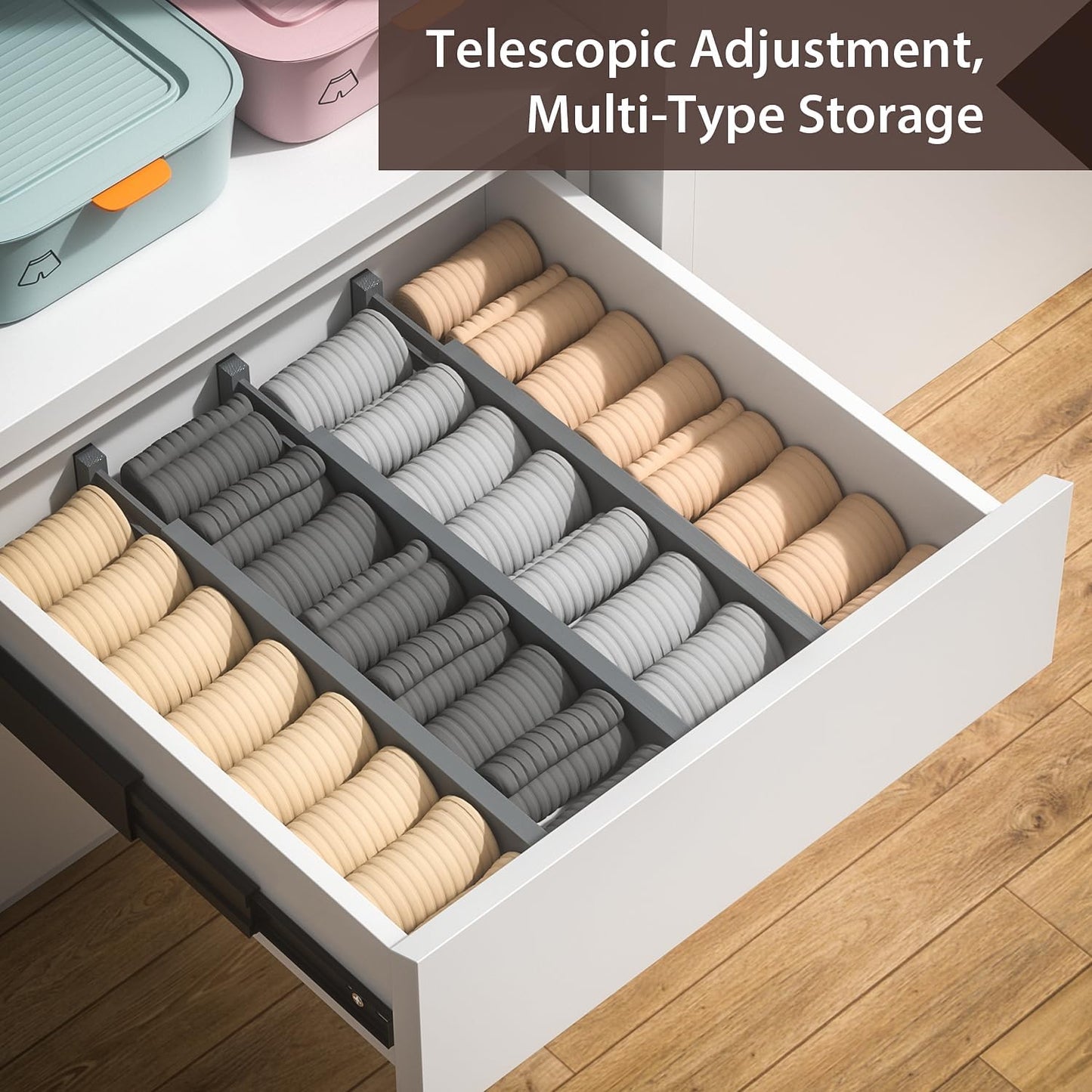 4 PCS Drawer Divider, 17"-22" Adjustable Bamboo Drawer Dividers Organizers, Expandable Separators for Kitchen, Clothes, Dressers, Home, Office, Gray