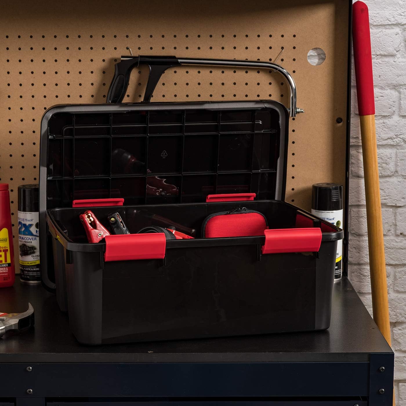 IRIS USA WeatherPro 31 Qt Storage Bins with Lids, 4 Pack, BPA-Free Plastic Gasket Box with Tight Latch and Seal, Stackable Nestable Tote Tub - Black/Red