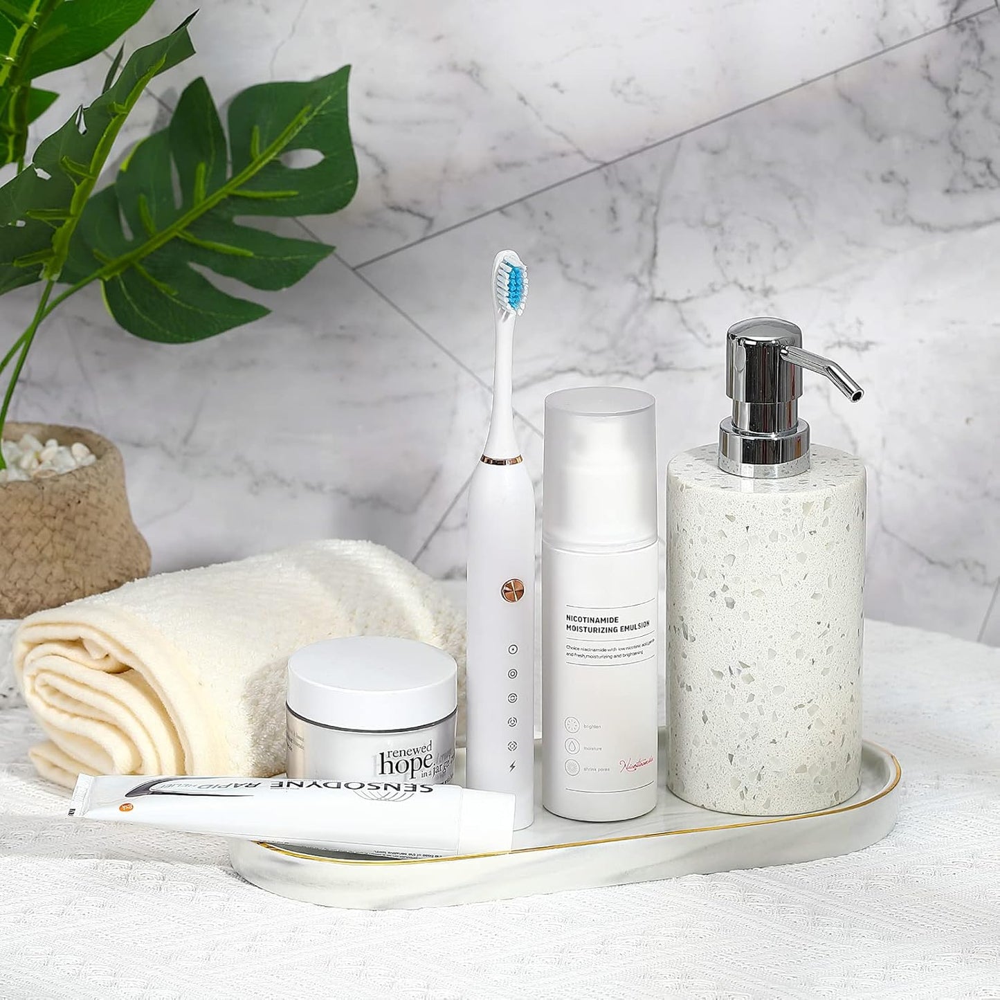 Luxspire Bathroom Vanity Tray, Marble Ceramic Dresser Jewelry Dish with Golden Rim, Decorative Tray Countertop Sink Storage Holder Organizer for Soap Candles Perfume Comestic Home Decor, Marble White