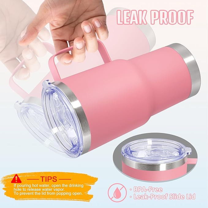 20 oz Tumbler with Handle and Lid, Stainless Steel Tumbler Insulated Travel Coffee Mug, Spill Proof Double Wall Vacuum Tumbler Cup Keep Drink Hot & Cold, Pink, 12 Pack