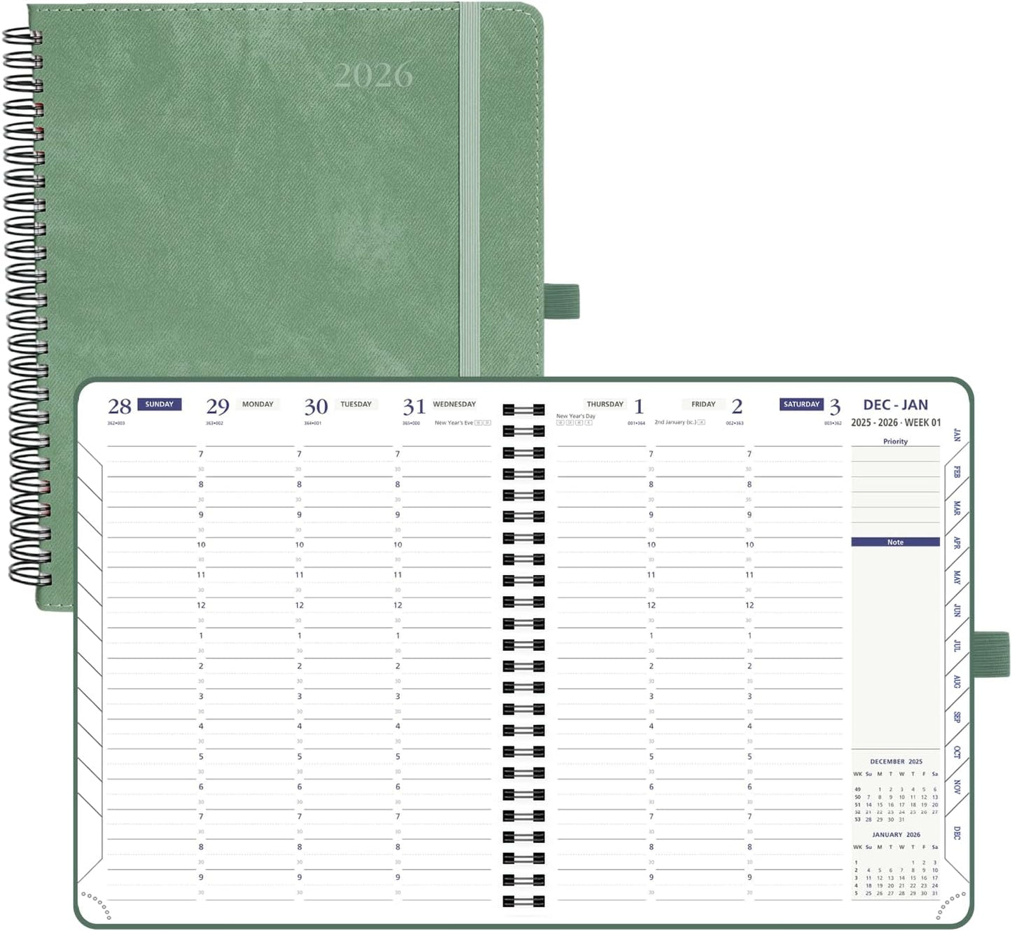 POPRUN 2026 Weekly Planner 30-Mintue (Medium 7'' x 8.5'') - From Jan 2026 to Dec 2026 - Two Pages Per Week Appointment Book with Monthly Tabs, Softcover, Inner Pocket, Pen Holder - Midnight Green