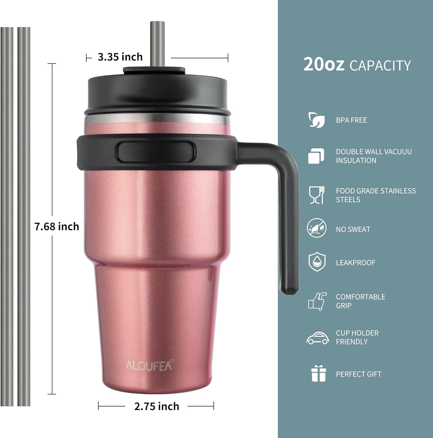 ALOUFEA 20 oz Insulated Coffee Mug Tumbler with Handle, Stainless Steel Travel Mug Tumbler with Lid and Straw,Double Wall Vacuum Leak Proof Ice Coffee Thermal Cup, Rose Gold