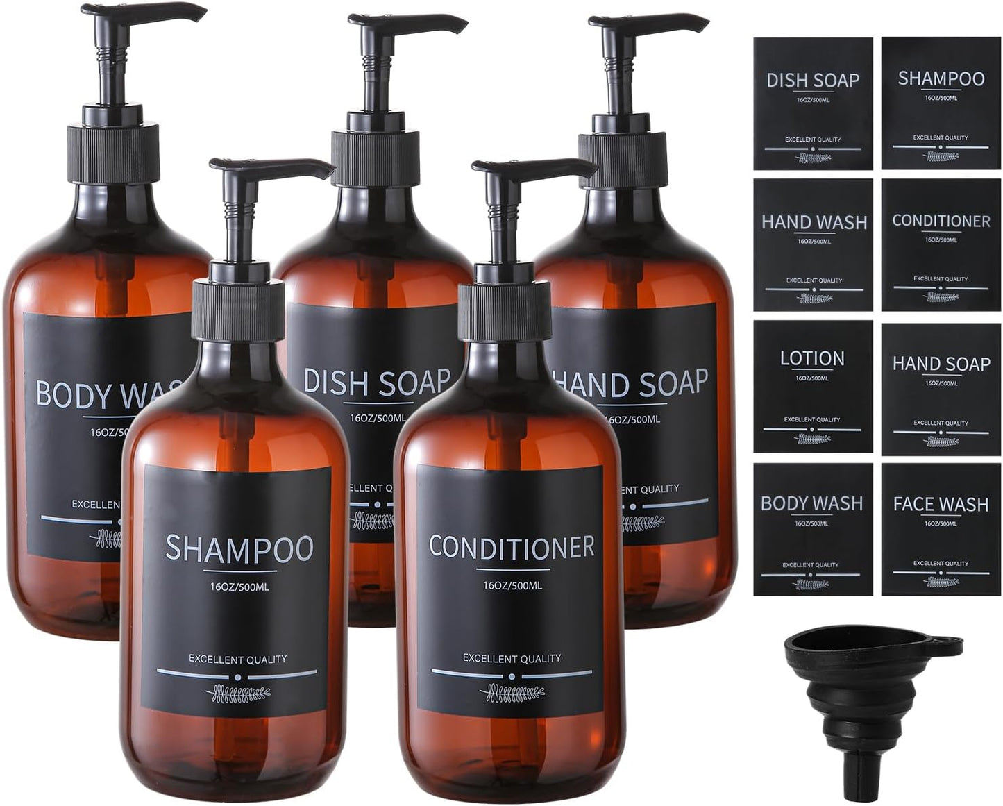 5Pack Amber Shower Bottles Refillable with Labels,16.9oz(500ml) Reusable Shampoo and Conditioner Bottles,Shampoo Dispenser Bottles