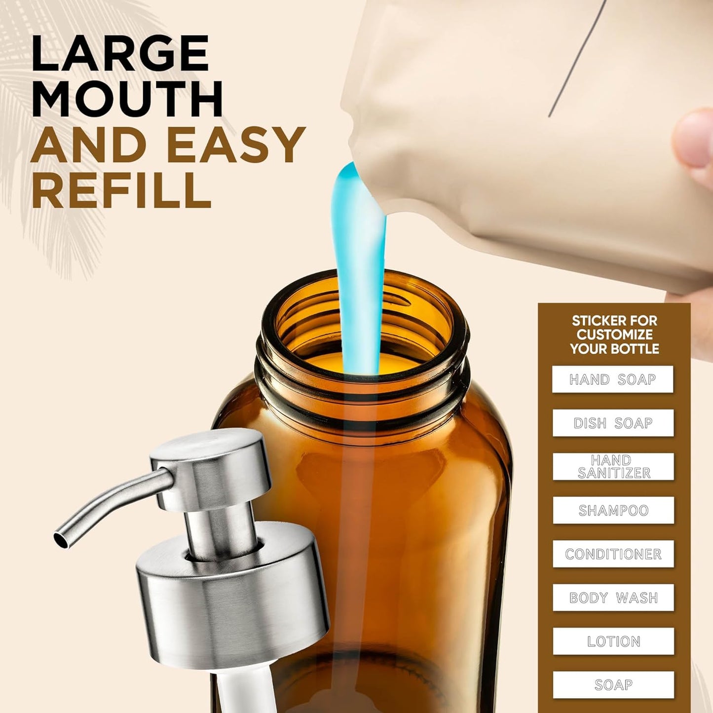 8.5oz Amber Glass Liquid Soap Dispenser - Refillable Pump Dispenser for Kitchen Sink & Bathroom Set - 2-Pack Stainless Steel - Ideal for Liquid Soap, Dish Soap & Hand Soap Essentials