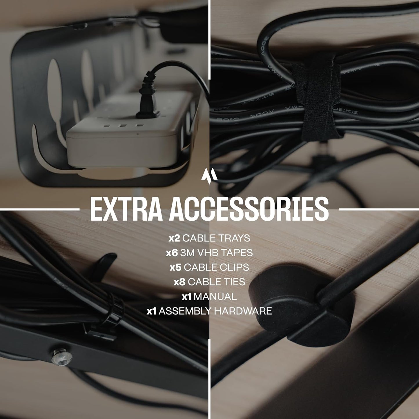 No-Drill Under Desk Cable Management Tray - 2-Pack Wire Organizer for Standing Desk - Cord Management System with Power Strip Holder - L