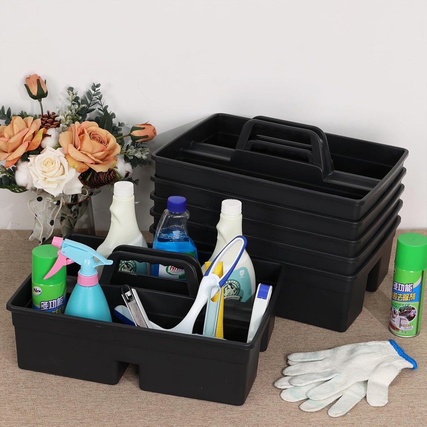 Readsky 6 Packs Plastic Cleaning Storage Caddy with Handle, 3-Compartment Cleaning Caddy, Nestable