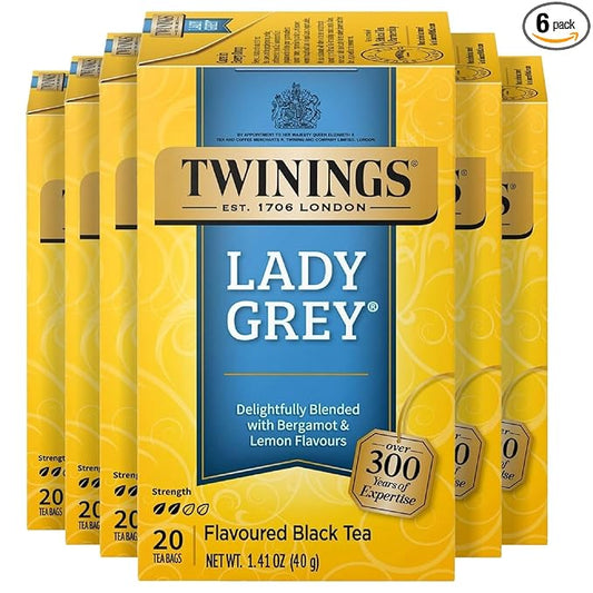 Twinings Lady Grey Black Tea Individually Wrapped Bags, 20 Count (Pack of 6), Orange & Lemon Peel with a Hint of Bergamot, Caffeinated, Enjoy Hot or Iced, 120 Teabags