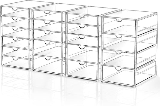 Makeup Drawer Storage Organizer with 20 Drawers, 4 Set Acrylic Office Desk Organization and Storage, Dustproof Drawer Organizer for Makeup, Office, Countertop, Jewelry, Pen, Desktop, Bathroom, Bedroom
