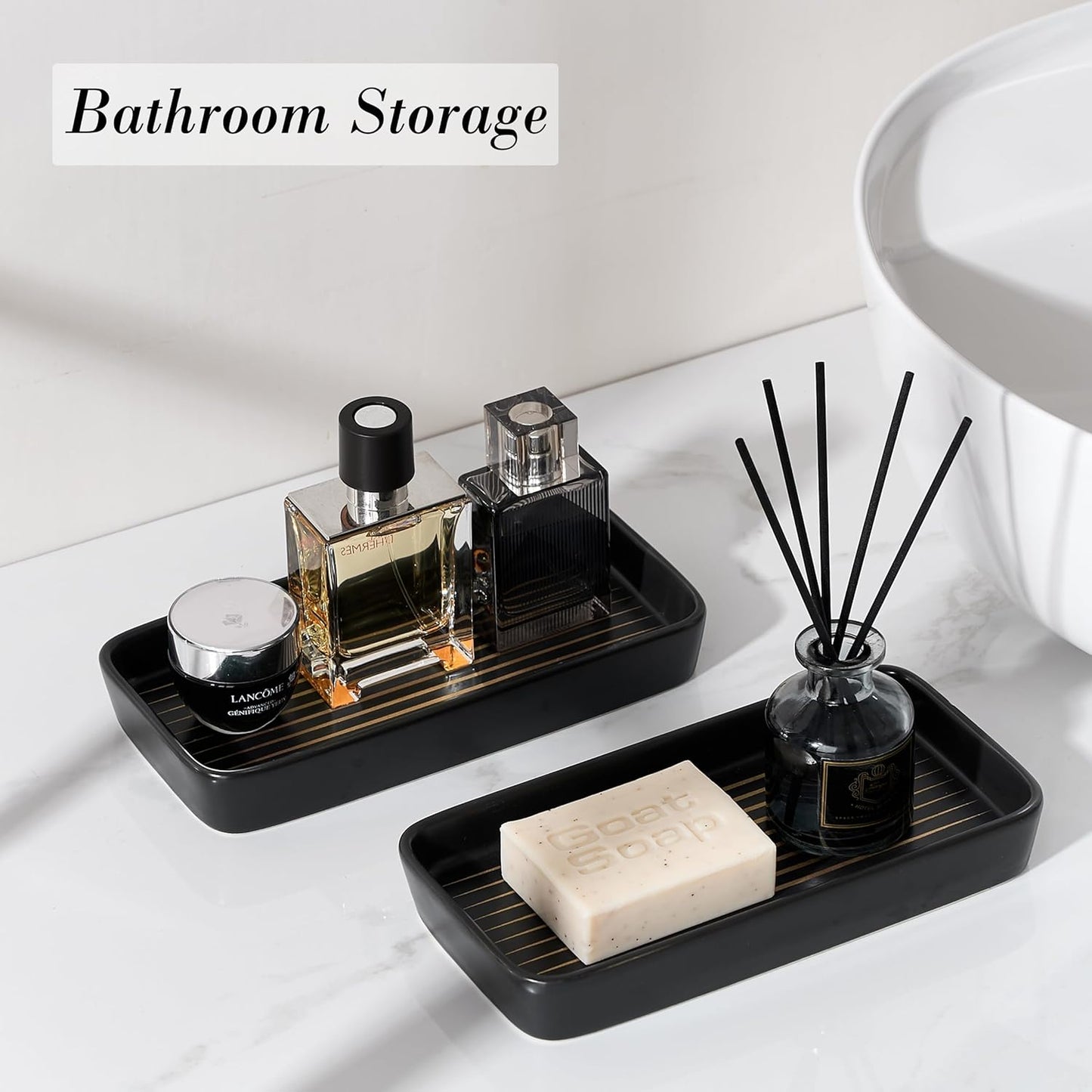 Bathroom Vanity Tray for Countertop,2PC Rectangle Striped Tray,Decorative Bathroom Organizer for Scrubber, Lotion Bottles, Perfume, Jewelry, Candle, Key Trinket Ring(Small,Black)