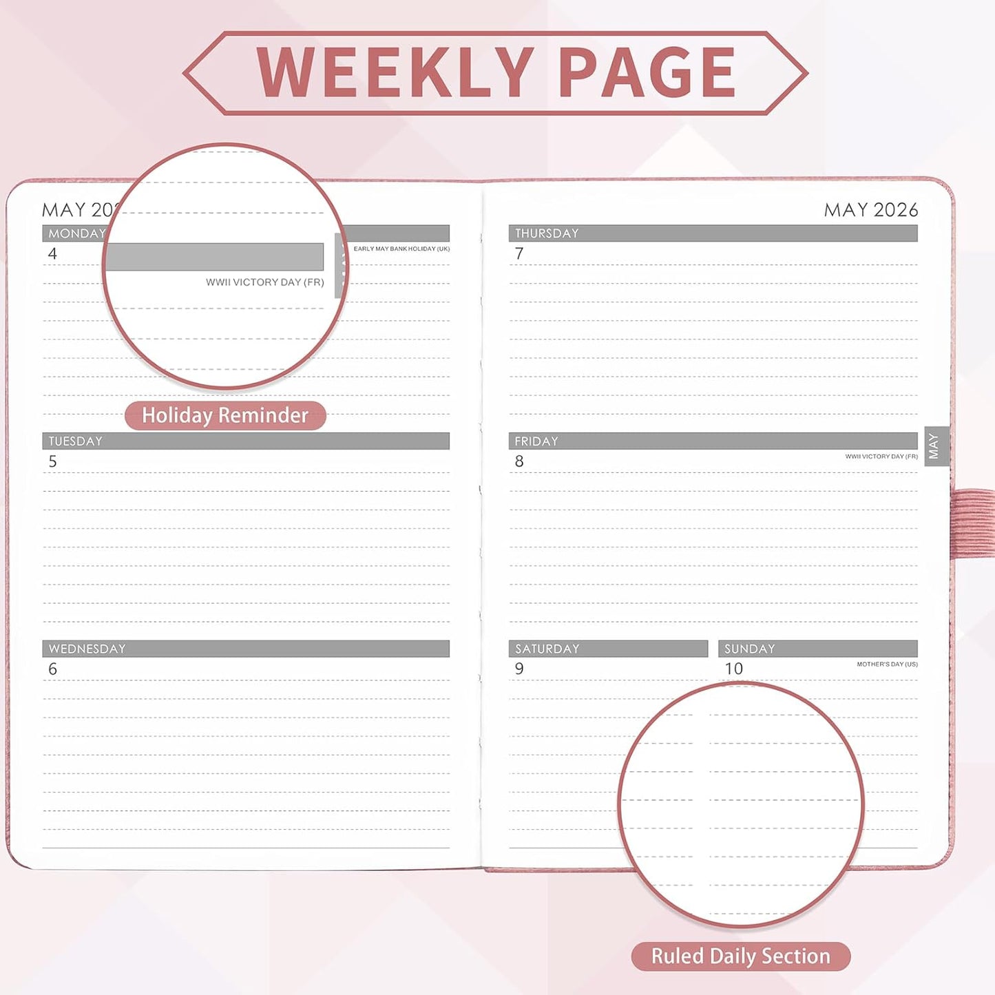 2026 Planner - Planner 2026, 2026 Weekly Monthly Planner, Jan.2026 - Dec.2026, 5.7'' x 8.4'', Thick Paper, Leather Cover, Pen Holder, Back Pocket, Bookmarks, Perfect Daily Organizer - Rose Gold