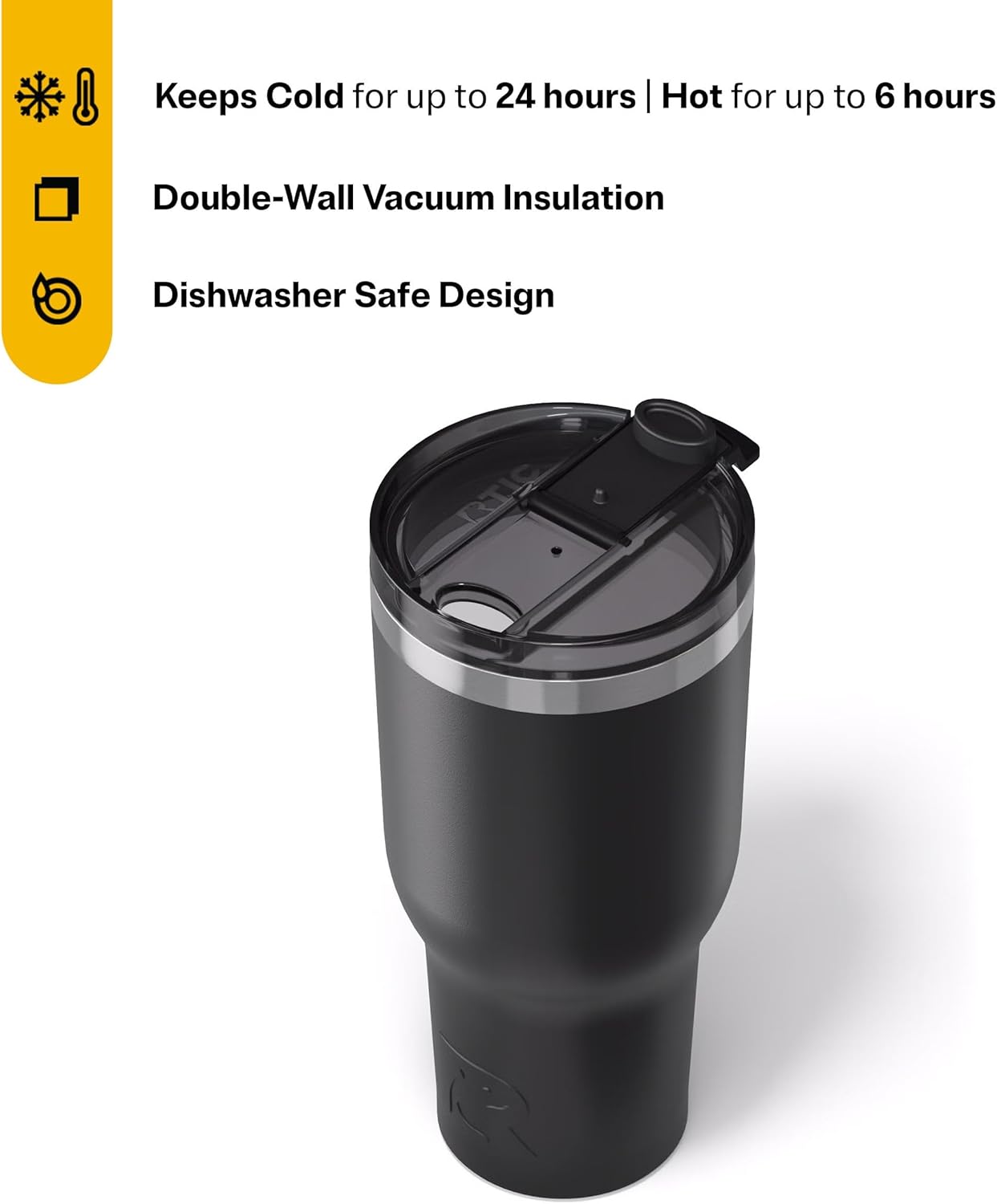 RTIC 40oz Essential Tumbler with Lid, Ceramic Lined, Insulated, Stainless Steel, Metal, Double Wall Vacuum-Insulation, Travel Cup for Iced Coffee, Tea, Hot and Cold Drink, Black