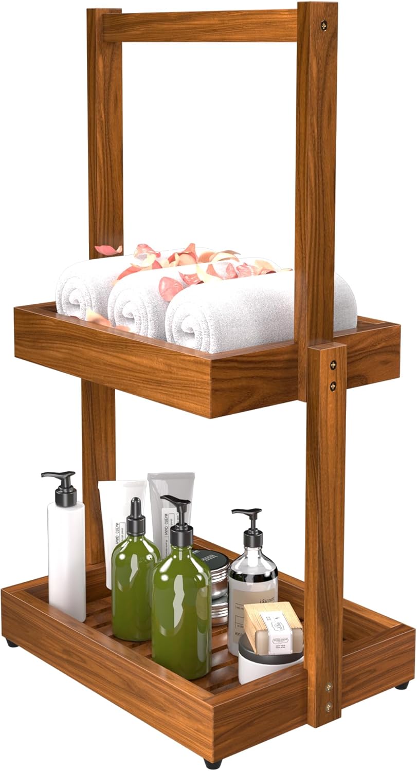 Teak Bathroom Shelf Towel Holder - 2 Tier Use as Shower Caddy Towel Organizer Stand Toilet Paper Storage Fruit Basket with Non-Slip, Durable for Bathroom Livingroom Kitchen