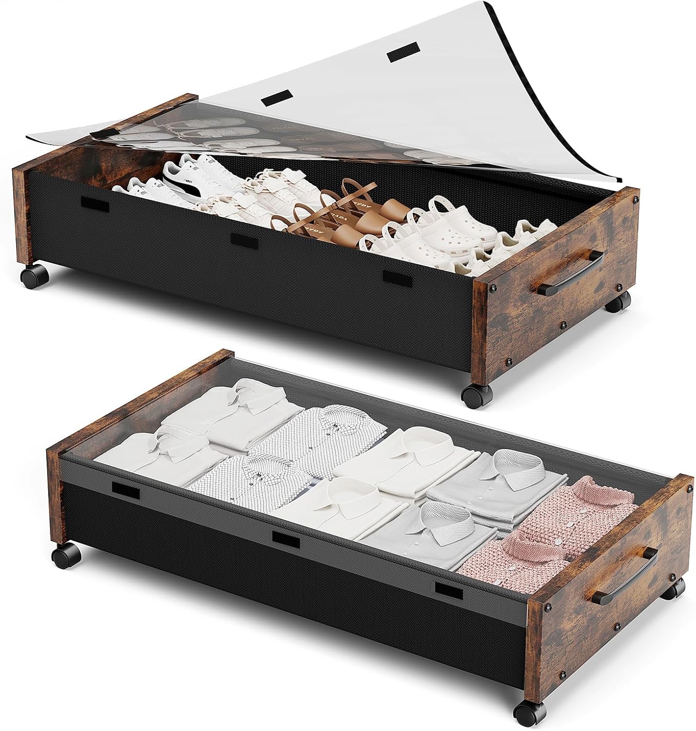 KITHELP Wooden Under Bed Storage with Wheels, Rolling Under the Bed Storage Bins with Removable Lid, Metal Under Bed Drawers for Clothes and Shoes in Bedroom or Living Room(Vintage Brown-2pack)