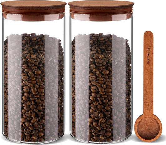 2PCS of 50floz Round Coffee Canister with Wooden Lids, Airtight Glass Coffee Jars for Ground Coffee, Coffee Beans Storage Container