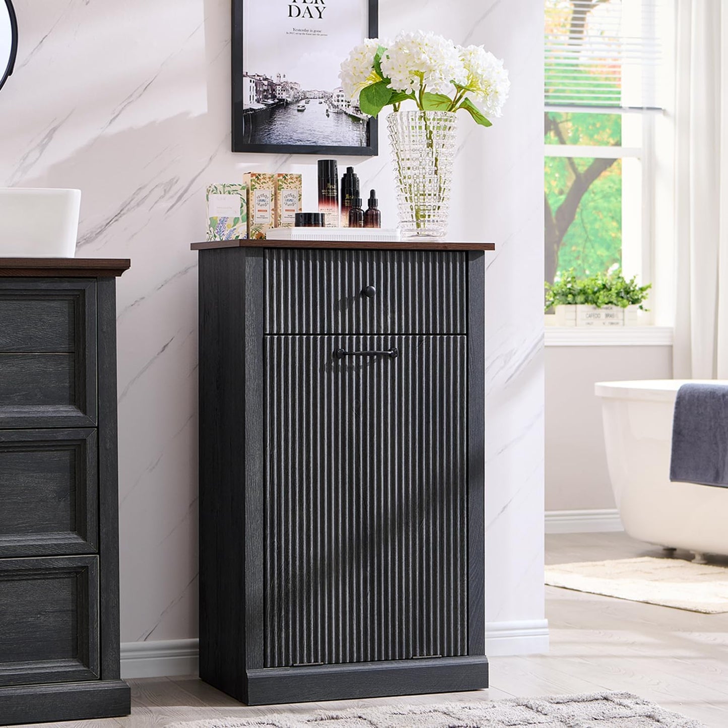 Modern Tilt-Out Laundry Hamper Cabinet, 10 Gallon Fluted Trash Can Cabinet with Drawer, Wooden Hidden Garbage Can Cabinets with Laundry Basket, Free Standing for Bathroom and Kitchen, Grey