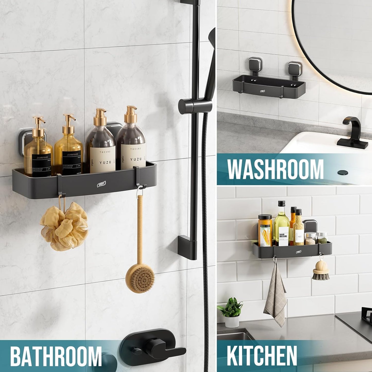 TAILI Shower Caddy Suction Cup, Heavy Duty Shower Organizer for Bathroom, Removable Shelves for Inside Shower, Wall Mounted Aluminum Storage for Bathroom Holder, Dark Gray