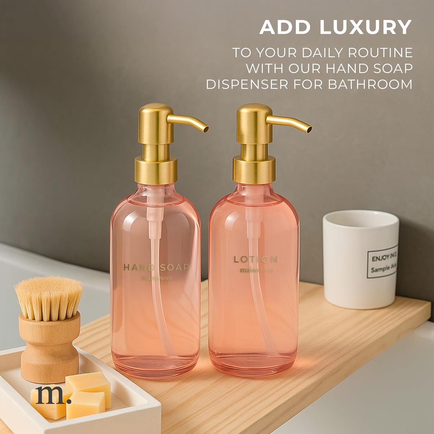 MaisoNovo Soap Dispenser 2-Piece Set | 16.9oz Pink Bottles with Gold Stainless Steel Pumps
