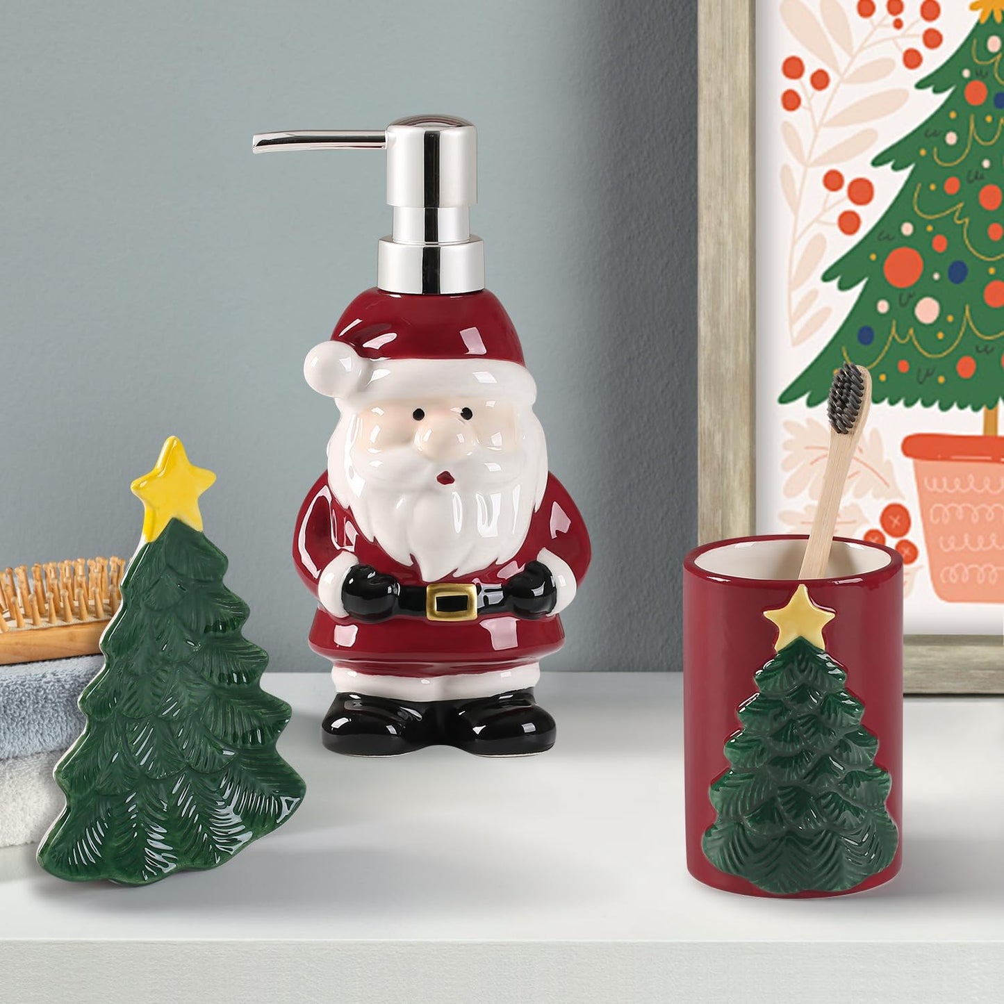 Merry Christmas Bathroom Accessories Set 4 Pieces Toothbrush Holder Soap Dispenser Ceramic Bathroom Accessory Set Contain Toothbrush Cup Soap Dish Tumbler