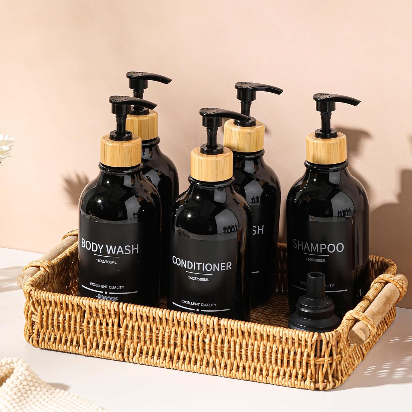 Shampoo and Conditioner Dispenser Bottles,5Pack Dispenser Bottles Refillable,16.9oz Shower Containers for Conditioner,(Black) Bathroom Shampoo Dispenser Set