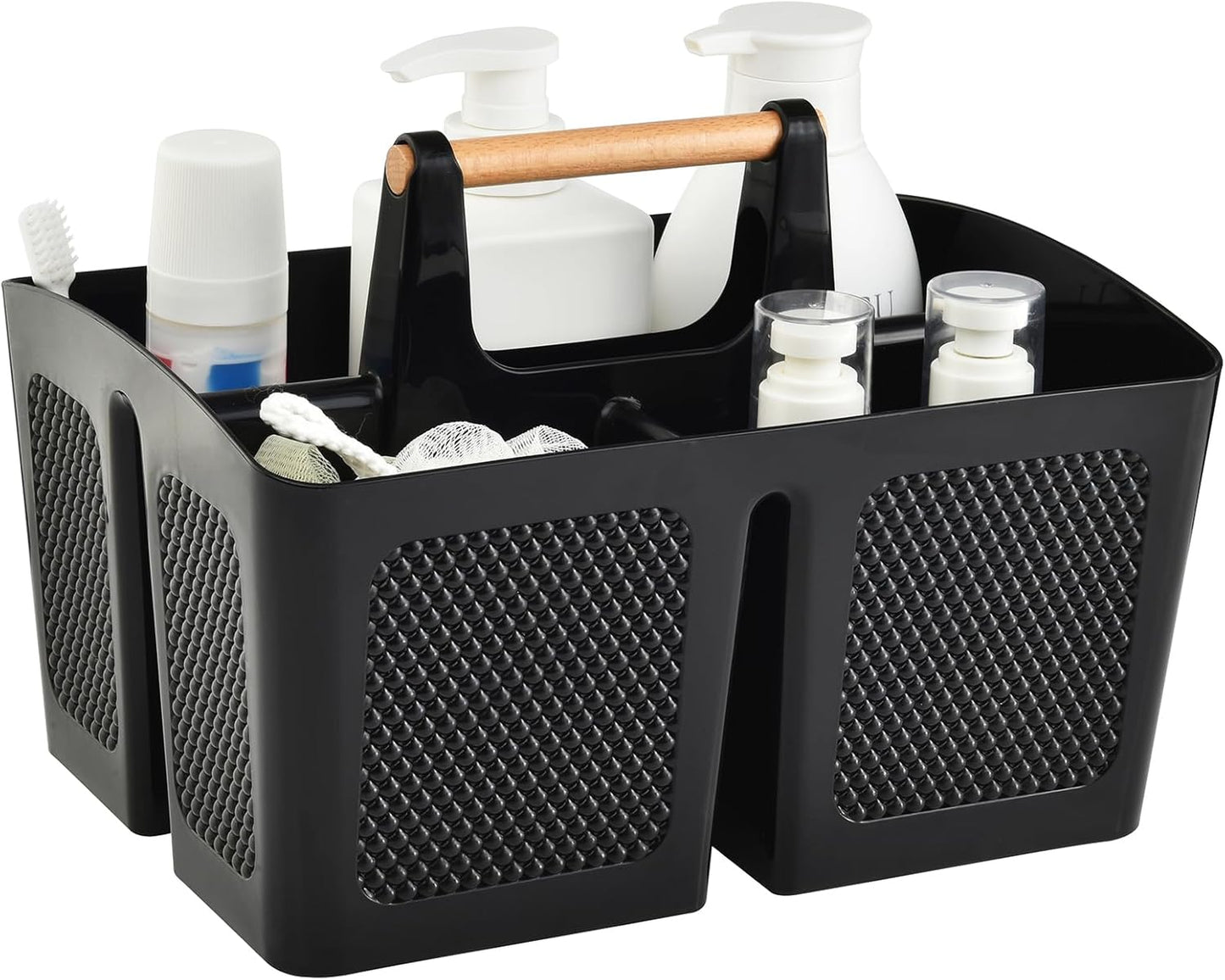 Haundry Plastic Black Shower Caddy Basket with 3 Compartments, Portable Divided Bathroom Cleaning Caddy Organizer Storage Tote with Handle for Dorm, College, Room Essentials