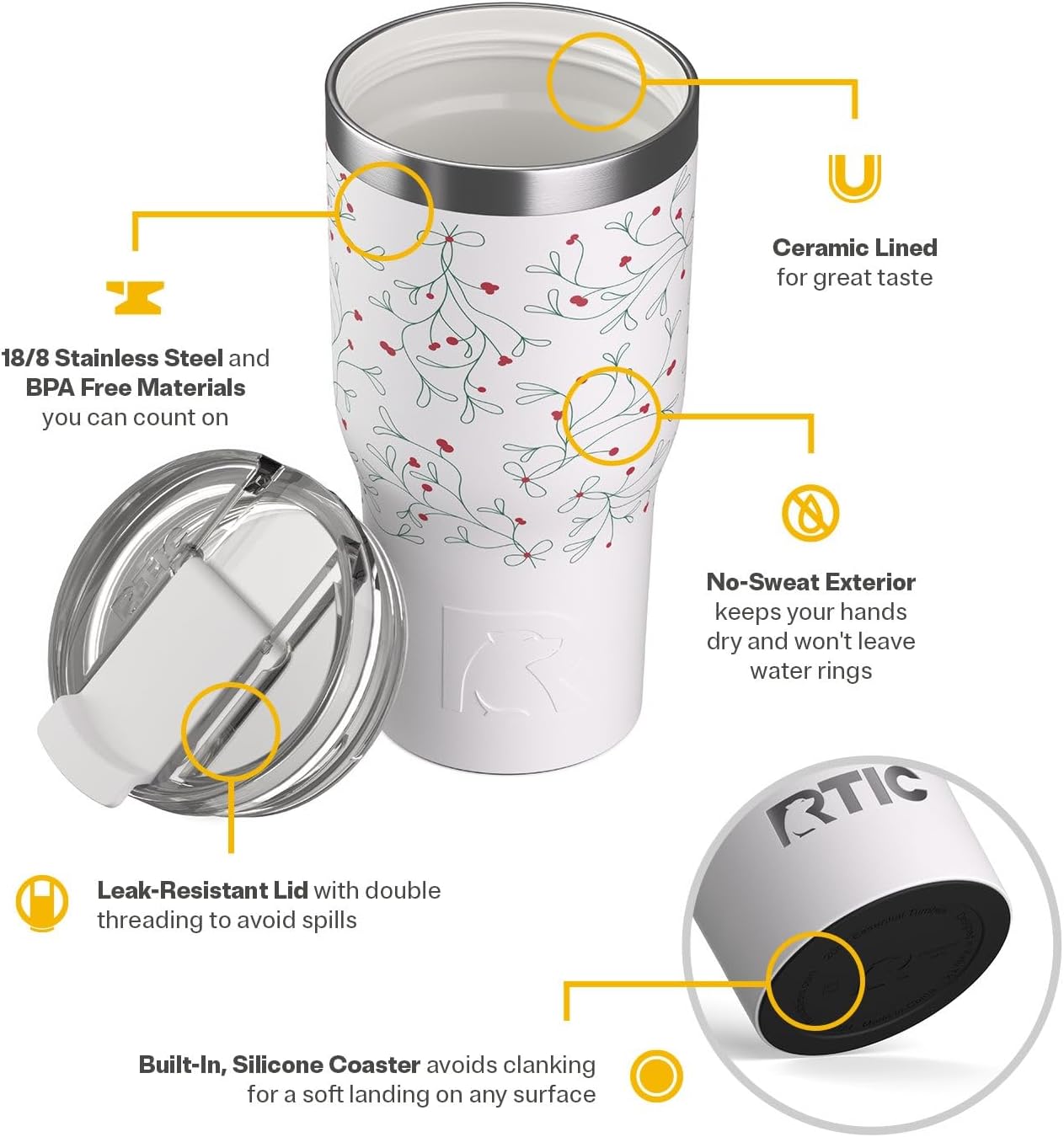 RTIC 20oz Essential Tumbler with Lid, Ceramic Lined, Insulated, Stainless Steel, Metal, Double Wall Vacuum-Insulation, Travel Cup for Iced Coffee, Tea, Hot and Cold Drink, Mistletoe