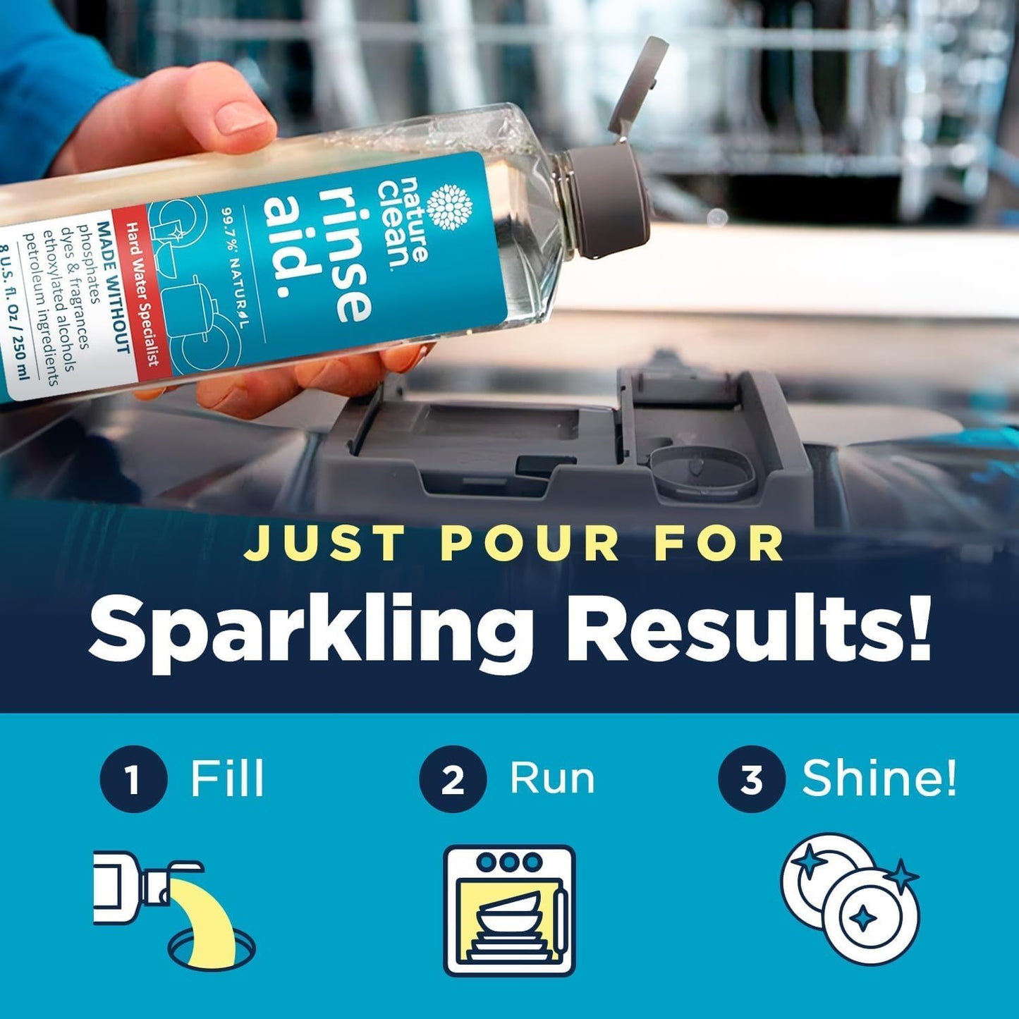 Nature Clean All Natural Dishwasher Rinse Aid Cleaner, Liquid Dishwasher Rinse Agent for Spot-Free Glass & Cutlery in Hard Water, Non Toxic Dish Washer Rinse Aid & Stain Remover, 8 oz/250ml, Pack of 3