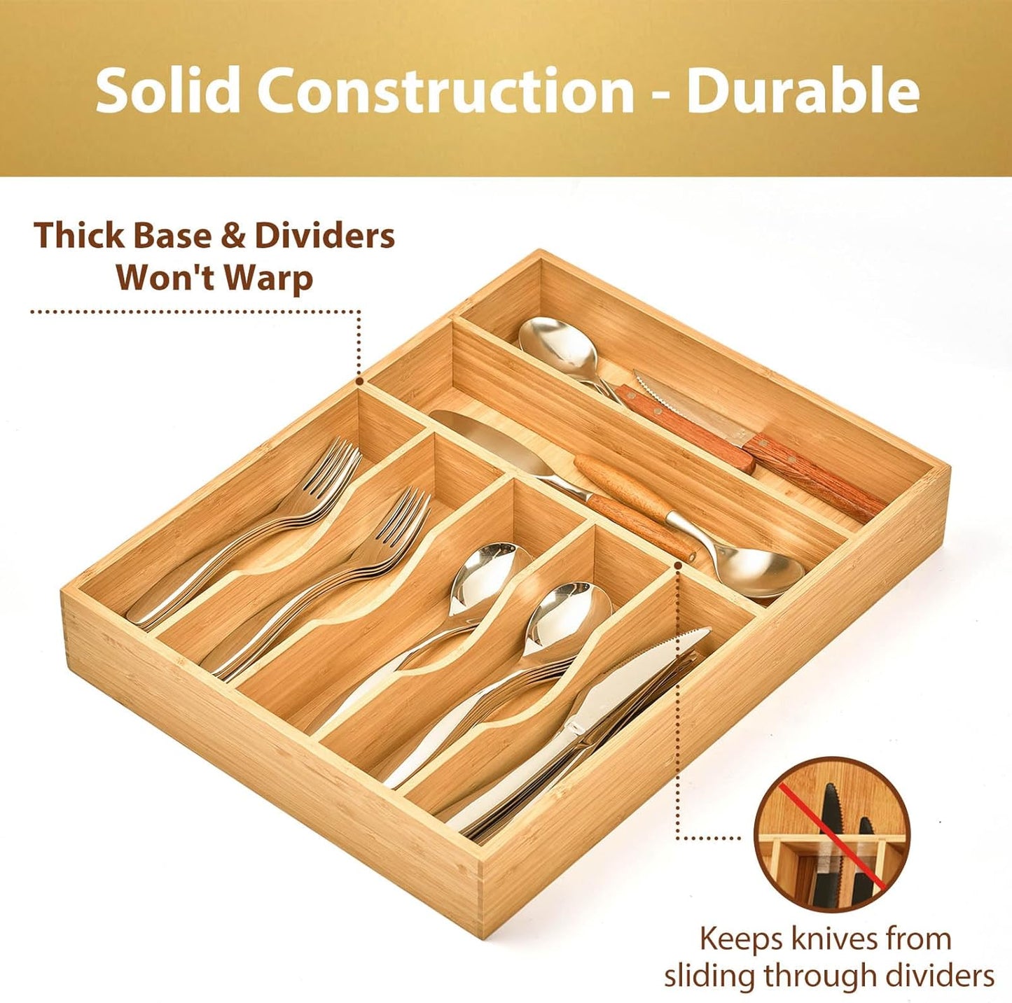 Umilife Kitchen Drawer Organizer, 12.5 Inch Silverware Utensil Tray Holder, Extra Deep, with Non-Slip Feet & Grooved Drawer Divider, 7 Slots Total Bamboo Wood Caddy for Flatware Cutlery Knives