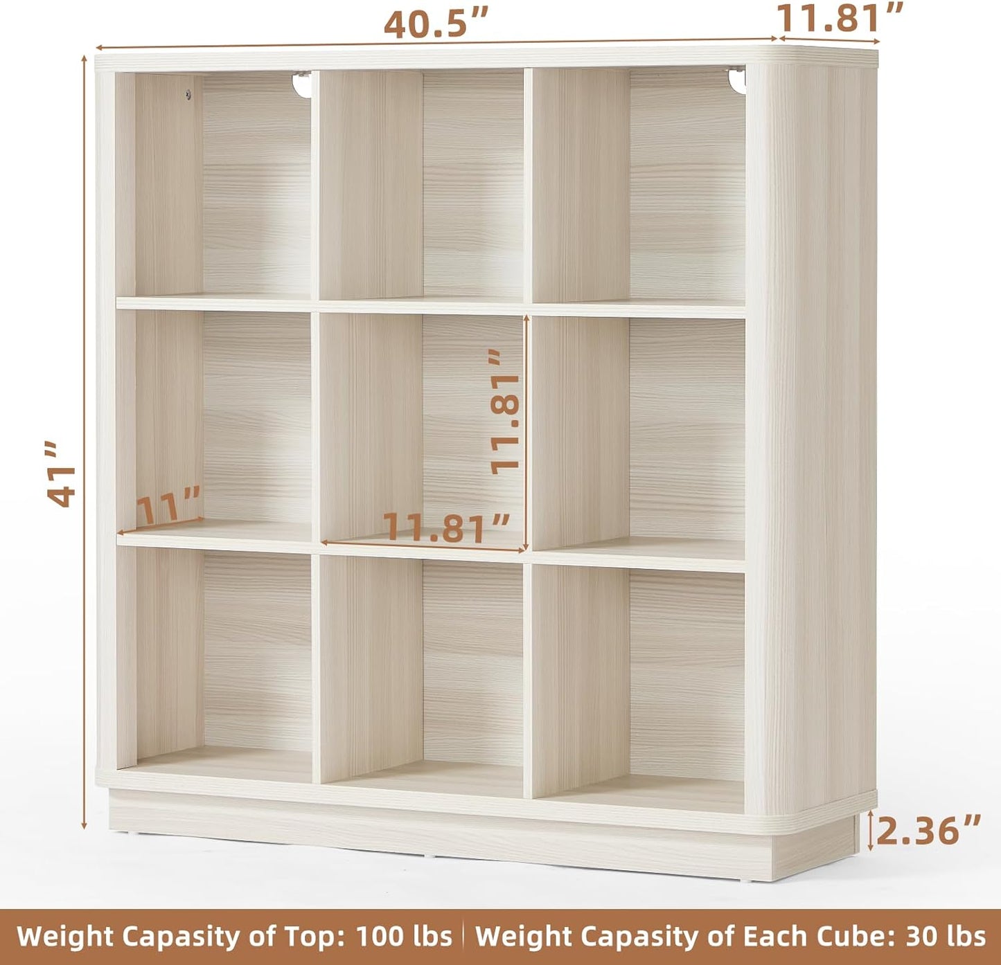 9 Cube Storage Book Shelf, 41" Tall Organizer Bookcase with Curved Edge, Wood Floor Standing 3-Tier Cubby Bookshelf with Base, Vintage Display Book Case for Bedroom, Office, White Cream Oak