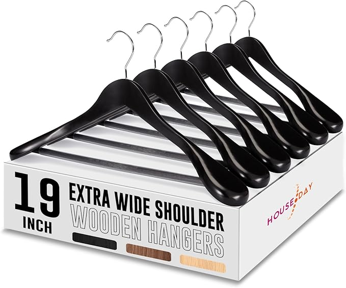 HOUSE DAY 19'' Extra Wide Shoulder Wooden Hangers 6 Pack, Premium Large Wood Suit Hangers with Non Slip Pant Holder, Wide Shoulder Hangers for Suits, Coats, Jackets, Heavy Wide Clothes Hanger, Black