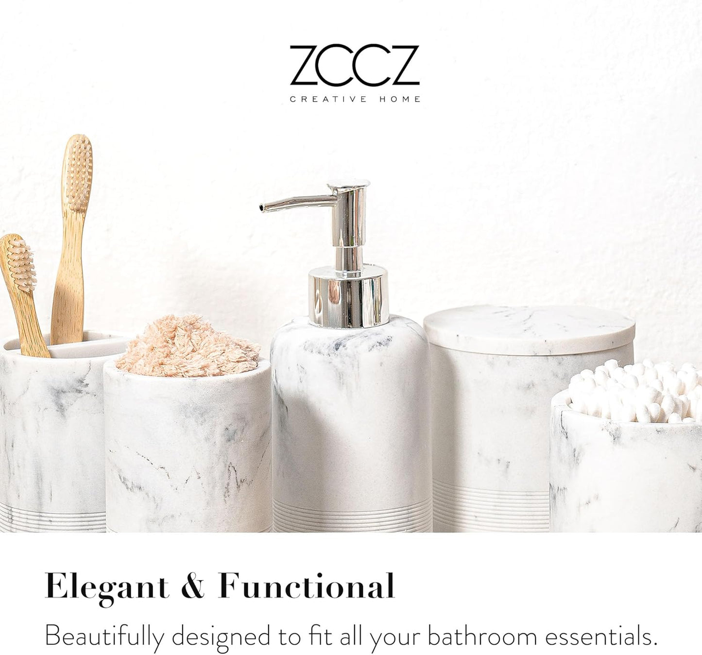 ZCCZ White Marble Bathroom Accessories Set 6 Pieces - Toothbrush Holder, Lotion Dispenser, Qtip Container, Vanity Tray, Tumbler - Countertop Organizer for Bathrooms - Elegant and Functional Décor Set