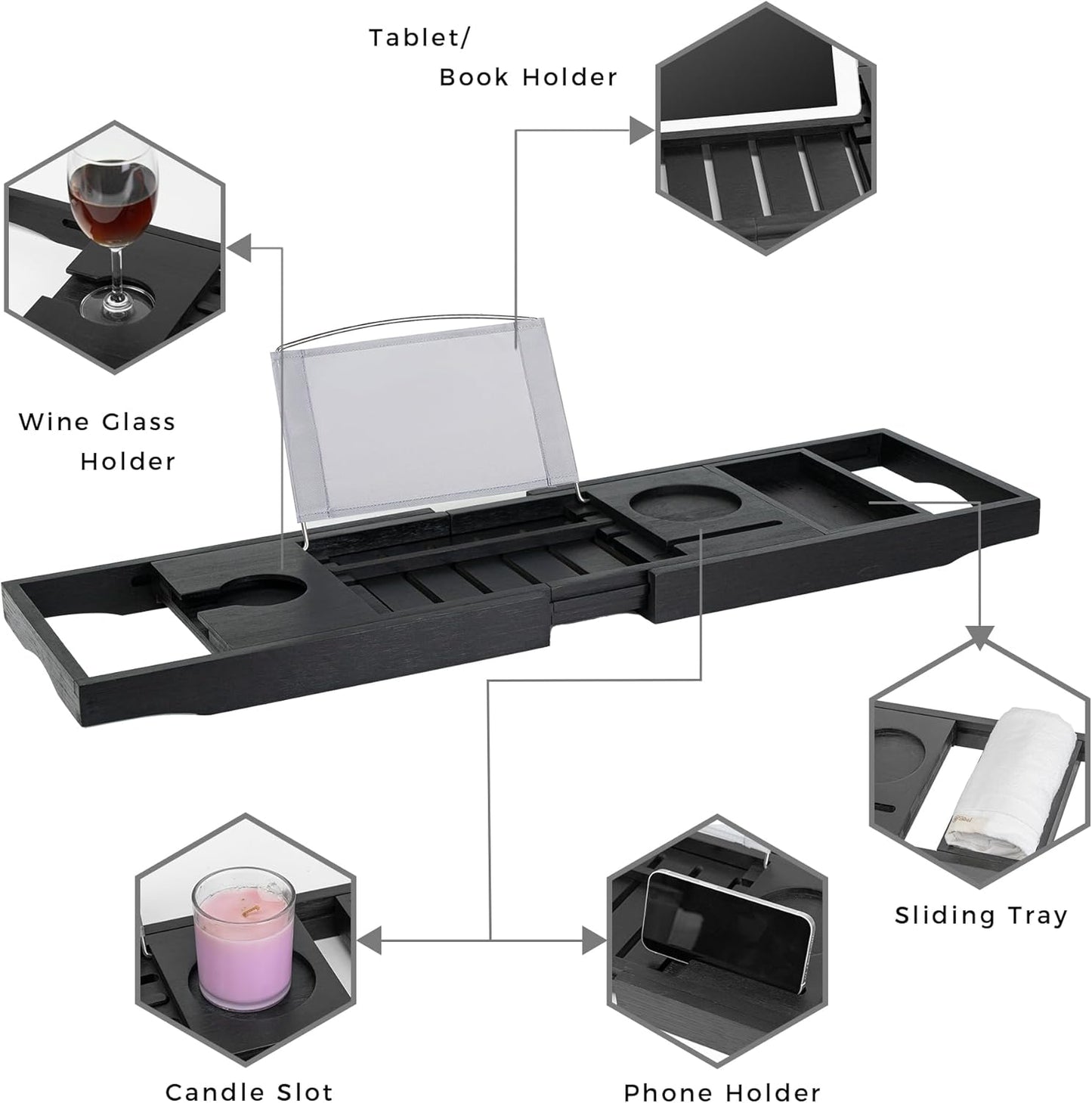 Utoplike Bamboo Bathtub Tray Caddy, Black Bath Tray Table for Tub, Adjustable Bathroom Organizer with Book Tablet Wine Glass Cup Towel Holder