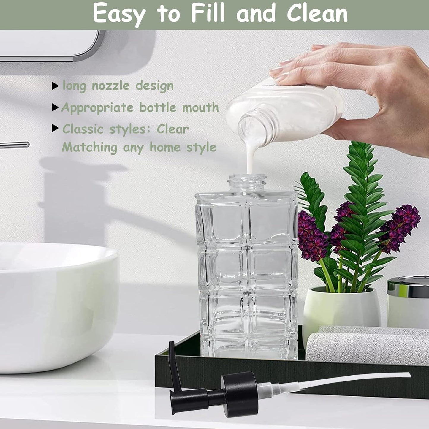 Clear Glass Soap Dispenser with Black Pump, 2 Pack 11oz Square Hand Dispenser, Refillable Lotion & Dish Soap, Bathroom Shower Gel