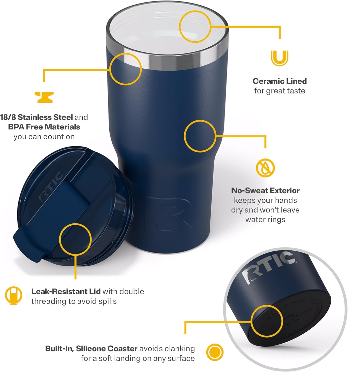 RTIC 20oz Essential Tumbler with Lid, Ceramic Lined, Insulated, Stainless Steel, Metal, Double Wall Vacuum-Insulation, Travel Cup for Iced Coffee, Tea, Hot and Cold Drink, Navy