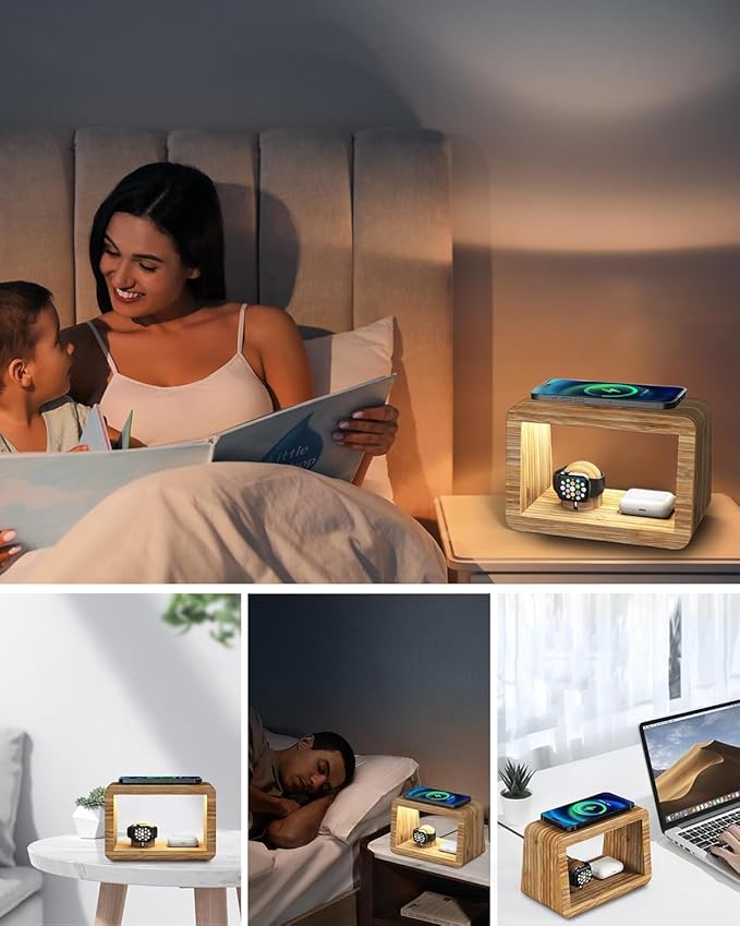Bamboo Wireless Charging Station: 3-in-1 Wireless Charger with Night Lights - Fast Charging Stand Compatible with iPhone 16/15/14/13/12 Pro Max/X/Xs Max/8, AirPods Pro, Watch Series 10/9/8/7/6/5-2/SE