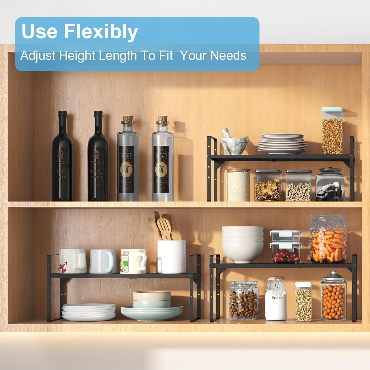 15.5 to 25.5 Inch Kitchen Cabinet Shelf Organizers, Adjustable Kitchen Counter Shelf Organizer, Set of 4 Expandable Countertop Storage Shelves, Stackable Design, 30LBS Heavy Duty, Space Saver