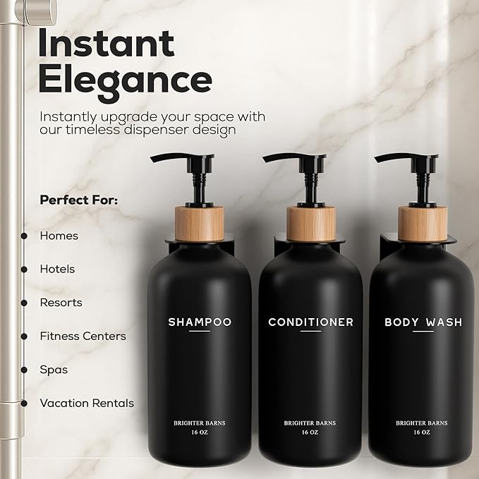 Black Shampoo and Conditioner Dispenser Set Wall Mounted by Brighter Barns - Shampoo Dispenser for Shower Wall 3 Chamber No Drill - Shower Bottles Refillable with Labels for Bathroom, Airbnb (Black)