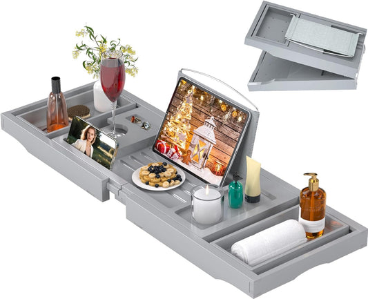 Bathtub Caddy Tray for Tub,Foldable Bath Table Trays,Bamboo Shelf with Book and Wine Glass Holder,Bathroom Accessories Suitable for Luxury Spa or Reading,Gray